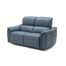 Two-seater gray leather dual power recliner sofa with adjustable headrests and padded armrests on white background