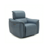 Modern blue leather power recliner armchair with adjustable headrest and padded armrests on white background