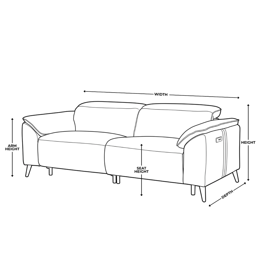 Dimension diagram for Hudson 3 Seater Power Recliner W/ Adjustable Headrests Fabric Sofa