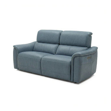 Three-seater gray leather dual power recliner sofa with adjustable headrests and plush padded armrests on white background