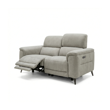 Lerato light grey fabric two-seater power recliner sofa with one footrest extended, on white background