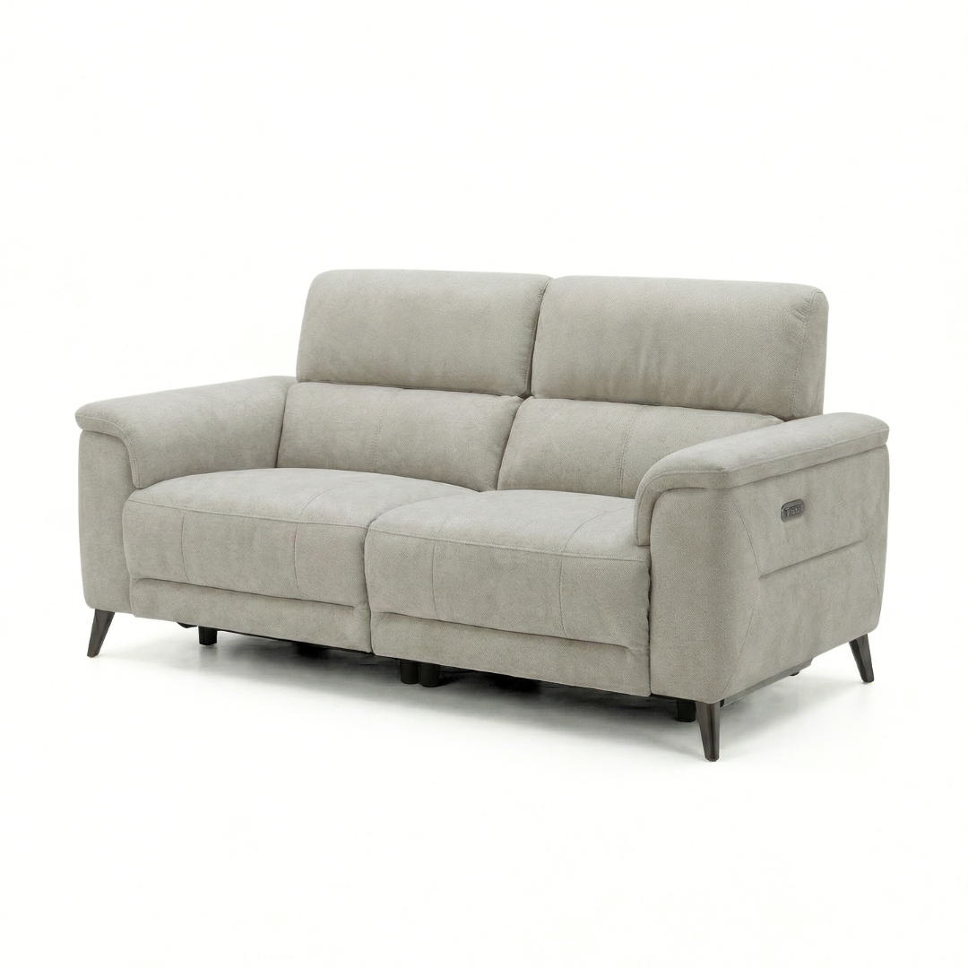Lerato light grey fabric two-seater power recliner sofa, three-quarter angled view on white background
