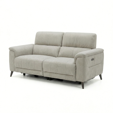 Lerato light grey fabric two-seater power recliner sofa, three-quarter angled view on white background