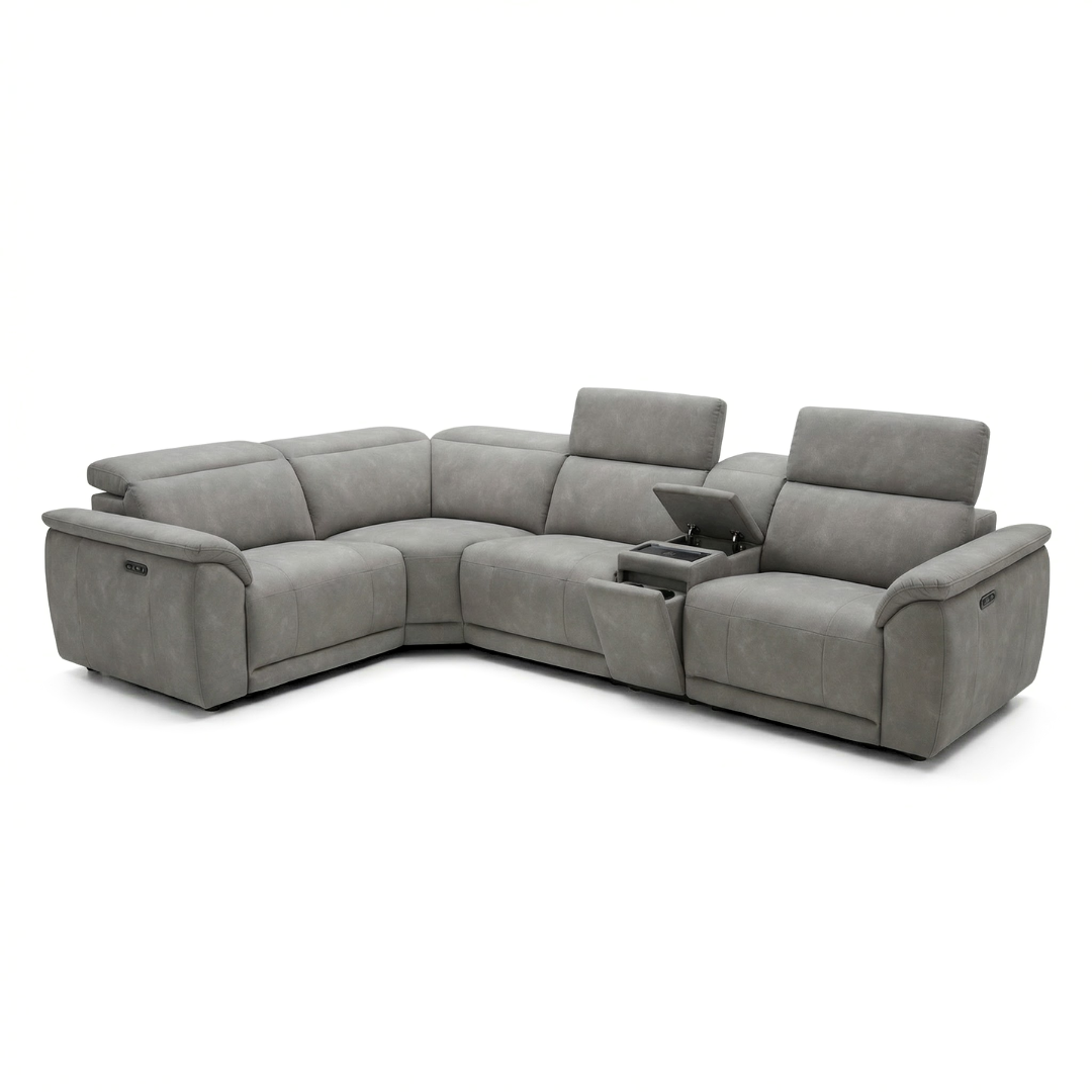 Sorrento grey fabric modular corner sofa with power recliners and open centre console, left-hand orientation on white background