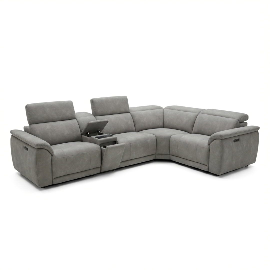 Sorrento grey fabric modular corner sofa with power recliners and open centre console, left-facing angled view on white background