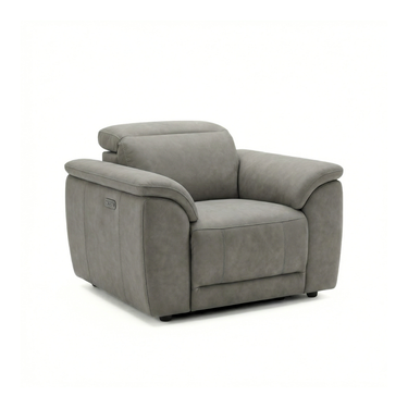 Sorrento grey fabric power recliner armchair with adjustable headrest, angled view on white background