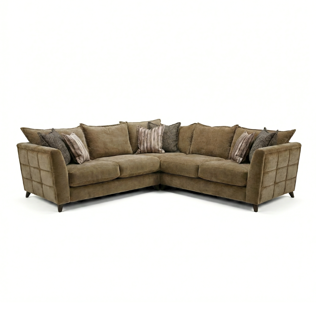 Taeo 2 Corner 2 Fabric Sofa in olive green chenille with scatter cushions, angled view