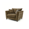 Taeo Fabric Arm Chair in olive green chenille with scatter cushions, angled view