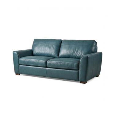 Winnington three-seater teal leather sofa with padded back cushions and wide armrests on dark wooden feet, on white background