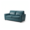 Winnington two-seater teal leather sofa with padded back cushions and wide armrests on dark wooden feet, on white background