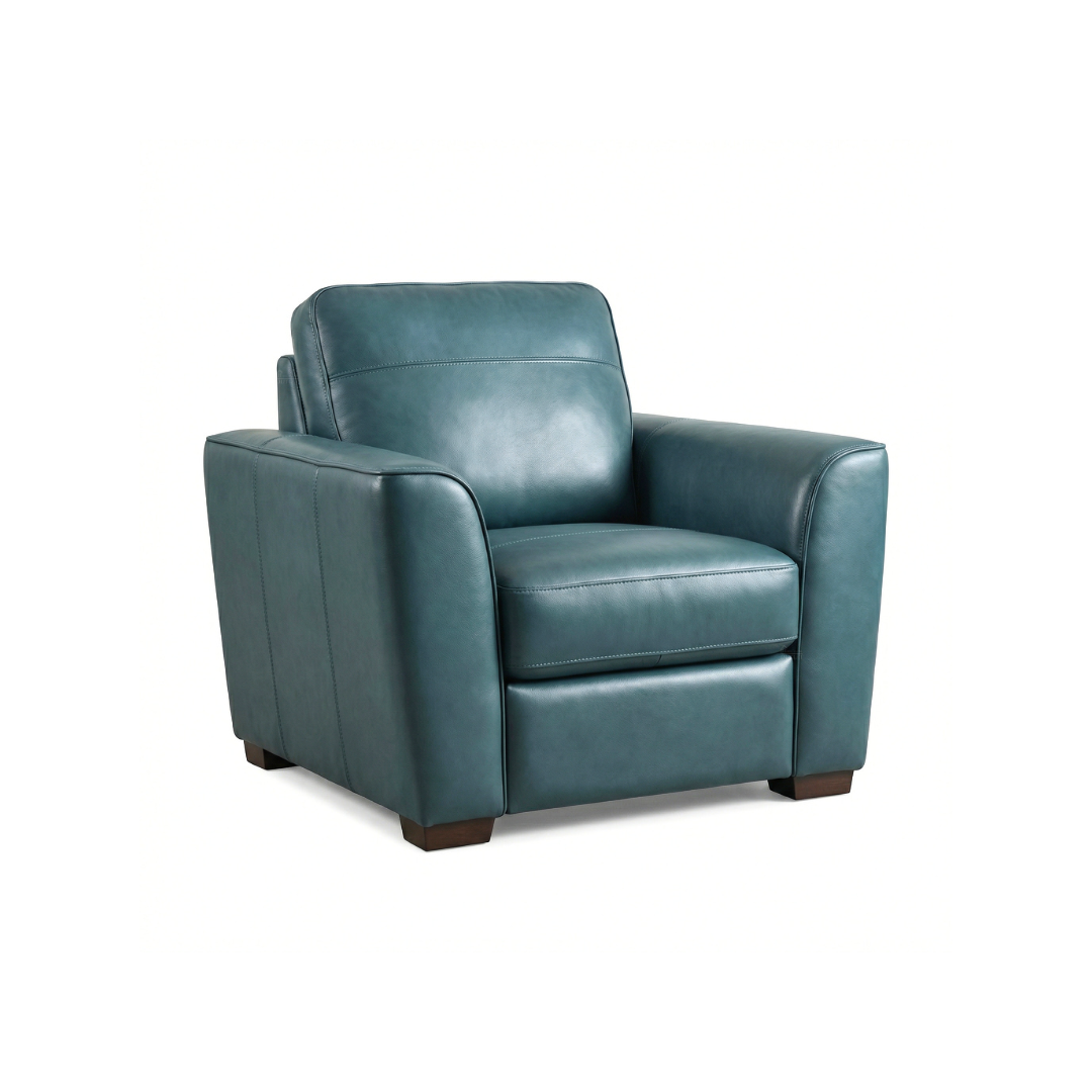Winnington teal leather armchair with padded seat and cushioned back on dark wooden feet, on white background