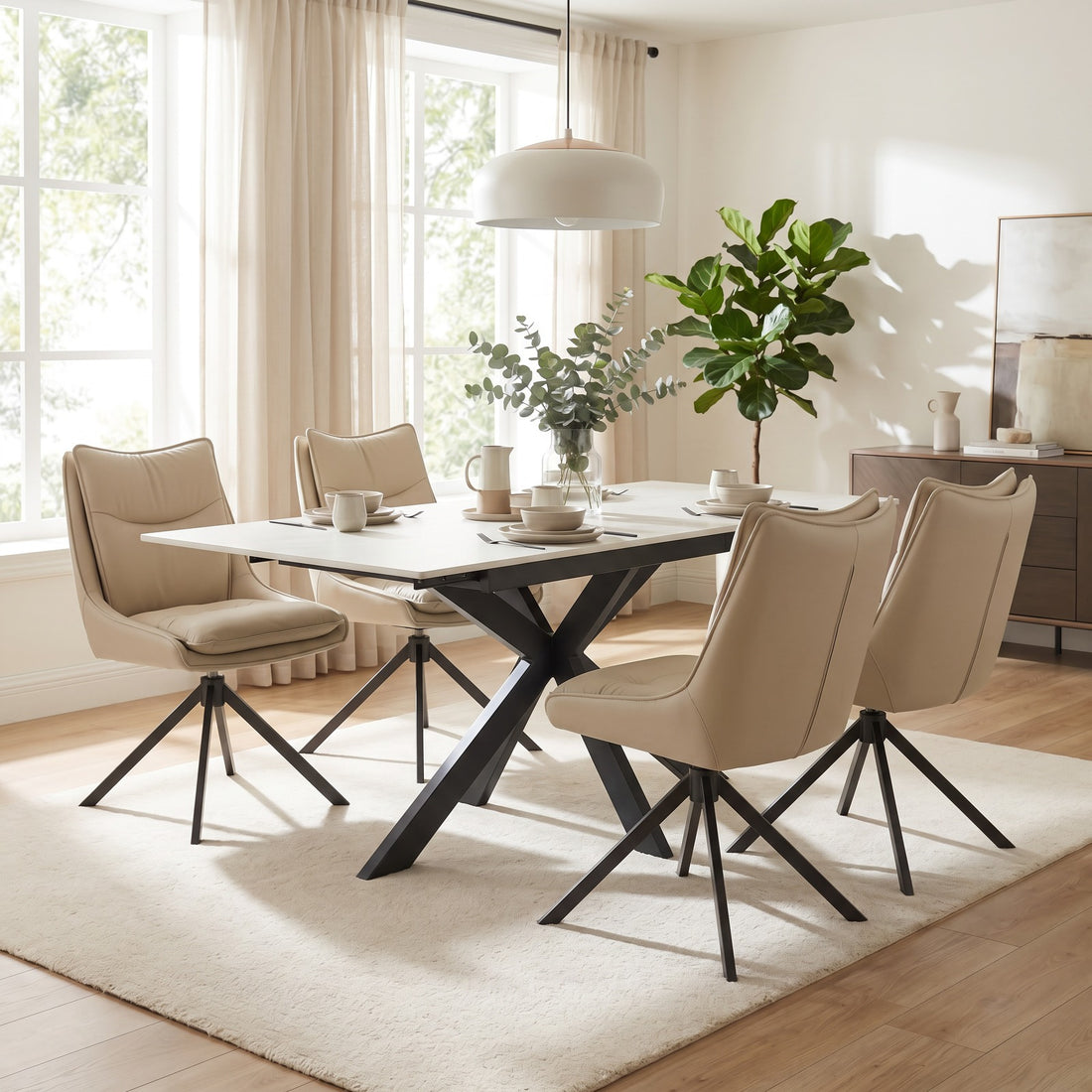 Amara 1.8m Extending Ivory Dining Table & 4 Vienna Stone Swivel Chairs Dining Set – complete dining set
