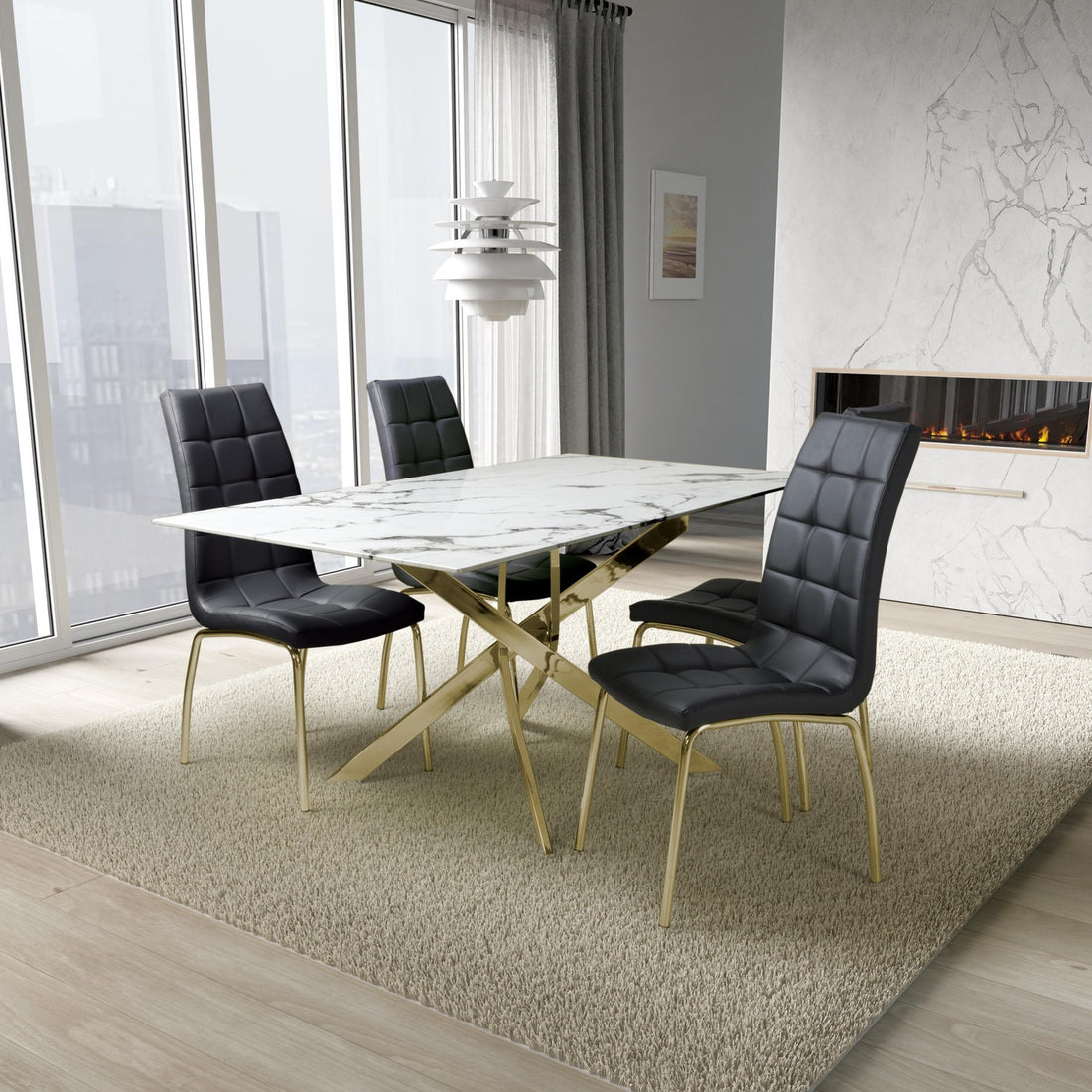 Astra 1.6m White Marble Effect Glass Dining Table with Gold Legs & 4 Jenner Black Chairs with Gold Legs Dining Set – complete dining set