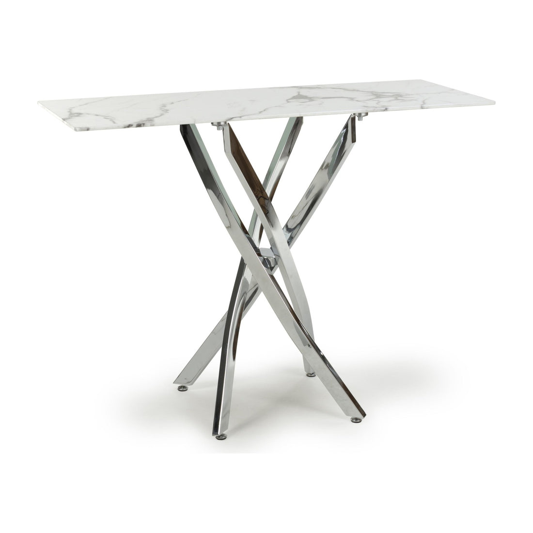 Astra White Marble Effect Glass Console Table with Chrome Legs – studio view 1