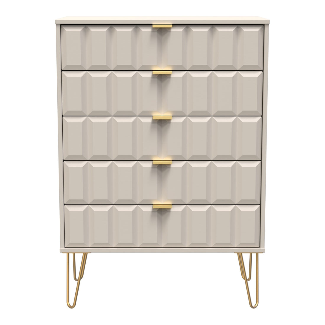 Cube 5 Drawer Wide Chest of Drawers in Kashmir Matt with gold hairpin legs, front view