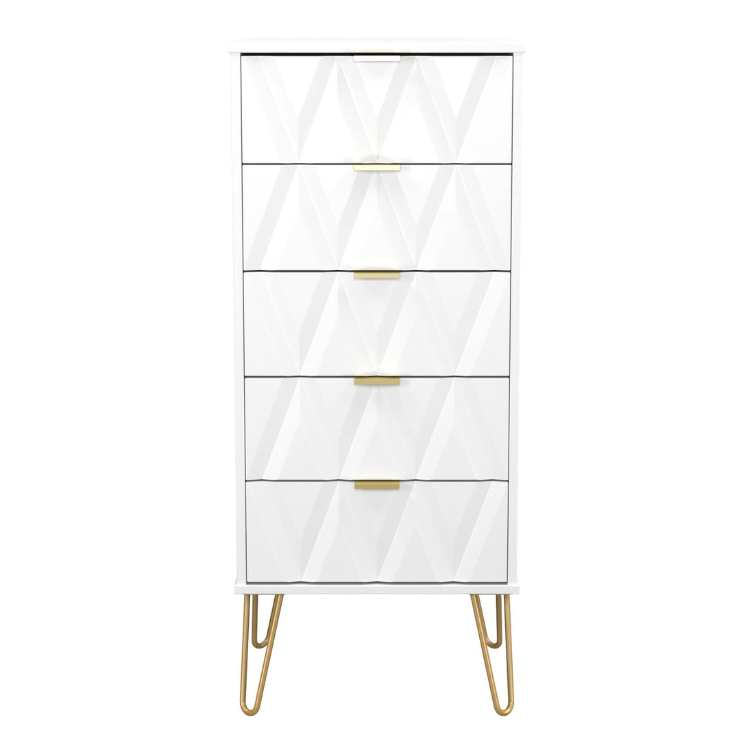 Diamond 5 Drawer Narrow Chest of Drawers in White Matt with gold hairpin legs, front view