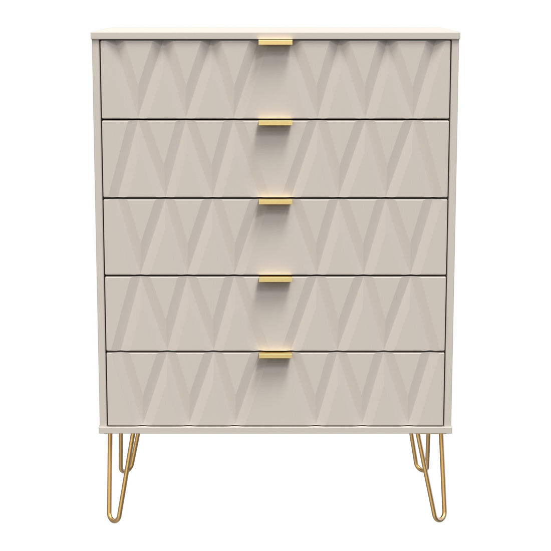Diamond 5 Drawer Wide Chest of Drawers in Kashmir Matt with gold hairpin legs, front view
