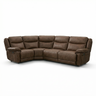 Brown fabric corner sofa with two manual recliners and padded cushions on white background