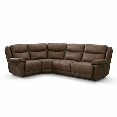Brown fabric corner sofa with two manual recliners and padded cushions on white background