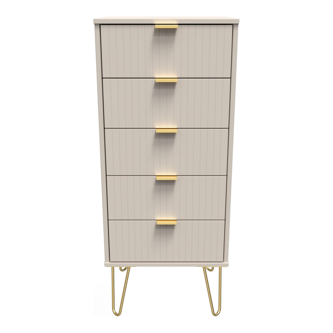 Linear 5 Drawer Narrow Chest of Drawers in Kashmir Matt with gold hairpin legs, front view