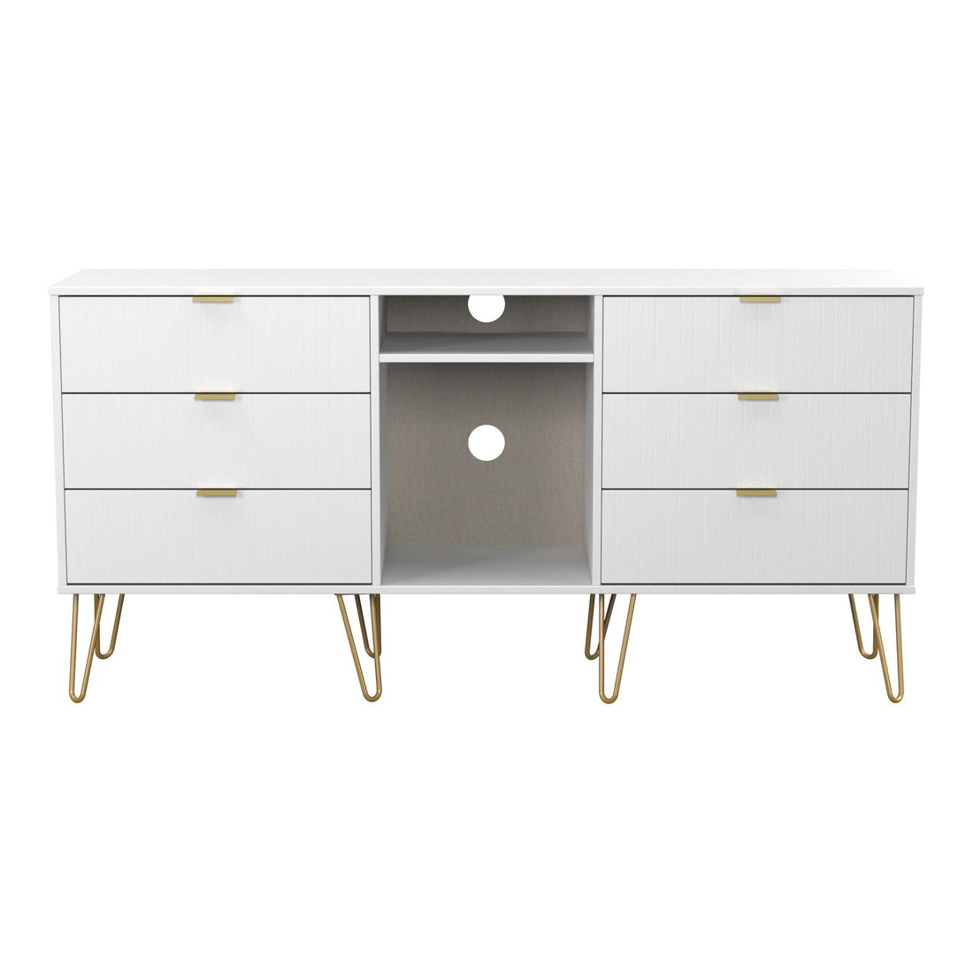 Linear 6 Drawer Wide Sideboard in White Matt, front view