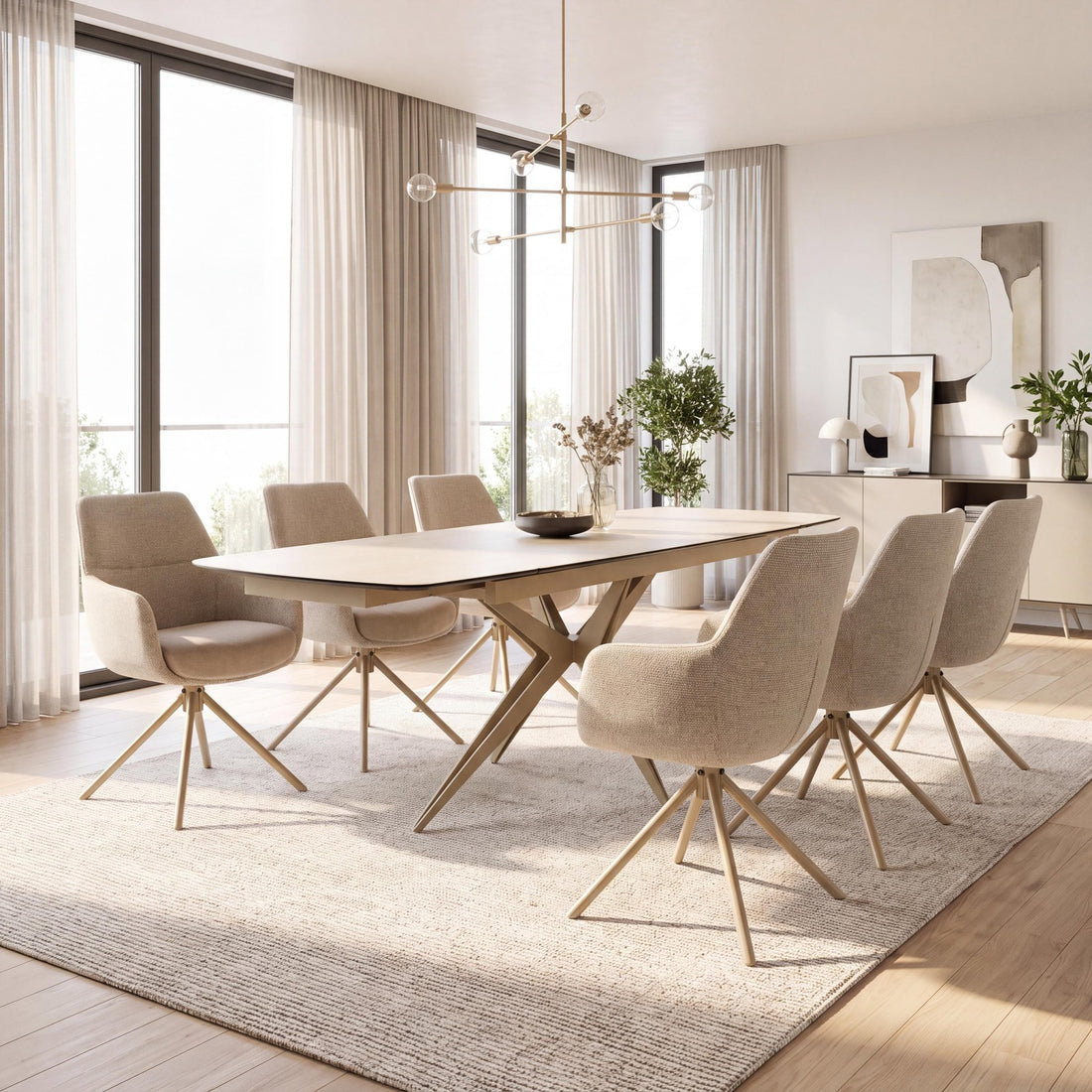 Nerano 2.4m Extending Natural Travertine Effect Dining Table & 6 Rialto Natural Tweed Swivel Chairs Dining Set – complete dining set