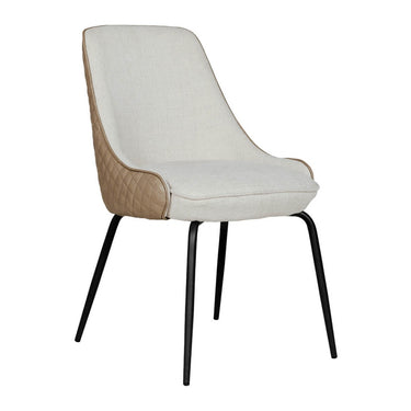 Sadina dining chair in biscuit fabric with quilted leather-effect outer back and black metal legs, angled view
