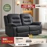 A dark gray upholstered reclining loveseat shown in a styled living room interior, with promotional sale text overlays including 'Free 7 Day Delivery', 'SAVE EXTRA 10% off', model name Florence, price details, and a 'SHOP NOW' callout.