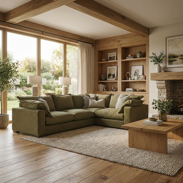 Olive green fabric two-seater sectional sofa with plush cushions in living room near wooden coffee table and fireplace