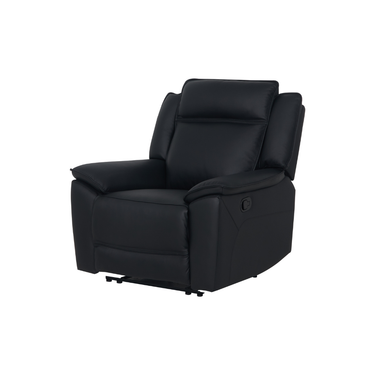 Black top grain leather recliner armchair with padded cushions and manual reclining lever on right side