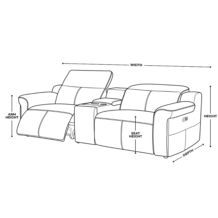 Dimension diagram for Empire 3 Seater Tech Cinema Console Sofa w/ Power Recliner & Headrest