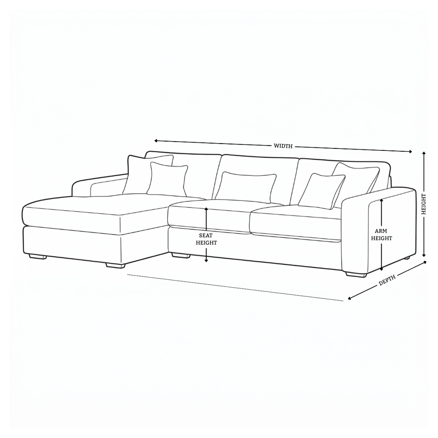 Dimension diagram for Henry 3 Seater Left Hand Chaise Sofa