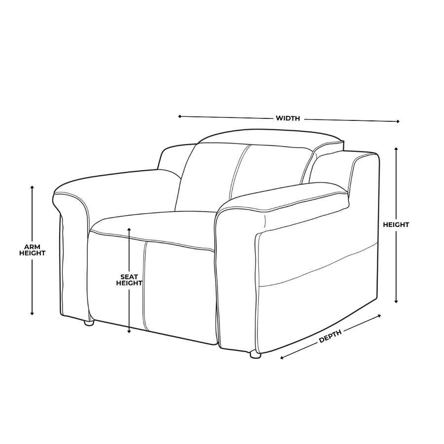 Dimension diagram for Empire Arm Chair Fabric 1 Seater w/ Power Recliner & Power Headrests