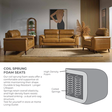 Set of tan leather Librina armchairs and sofa with cushioned seats arranged in a minimalist living room with wooden flooring