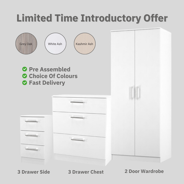 Jenny Trio Bedroom Set Inc 2 Door Wardrobe | 3 Drawer Chest | 3 Drawer Side Table