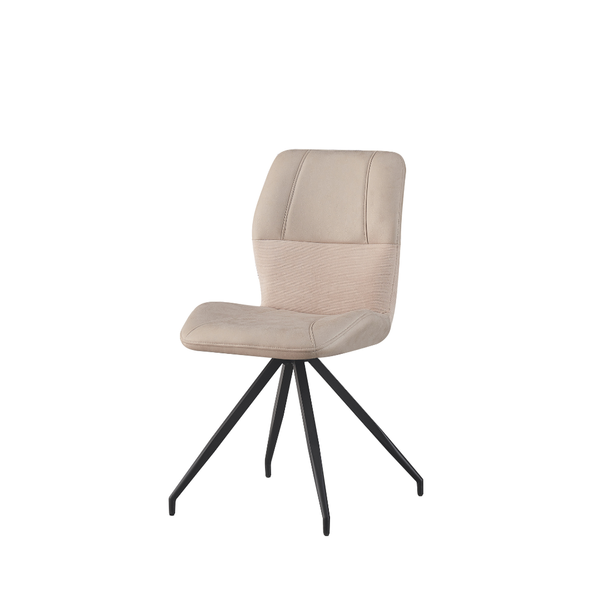 Selina dining chair in taupe beige fabric with ribbed back panel and black metal swivel base, angled view