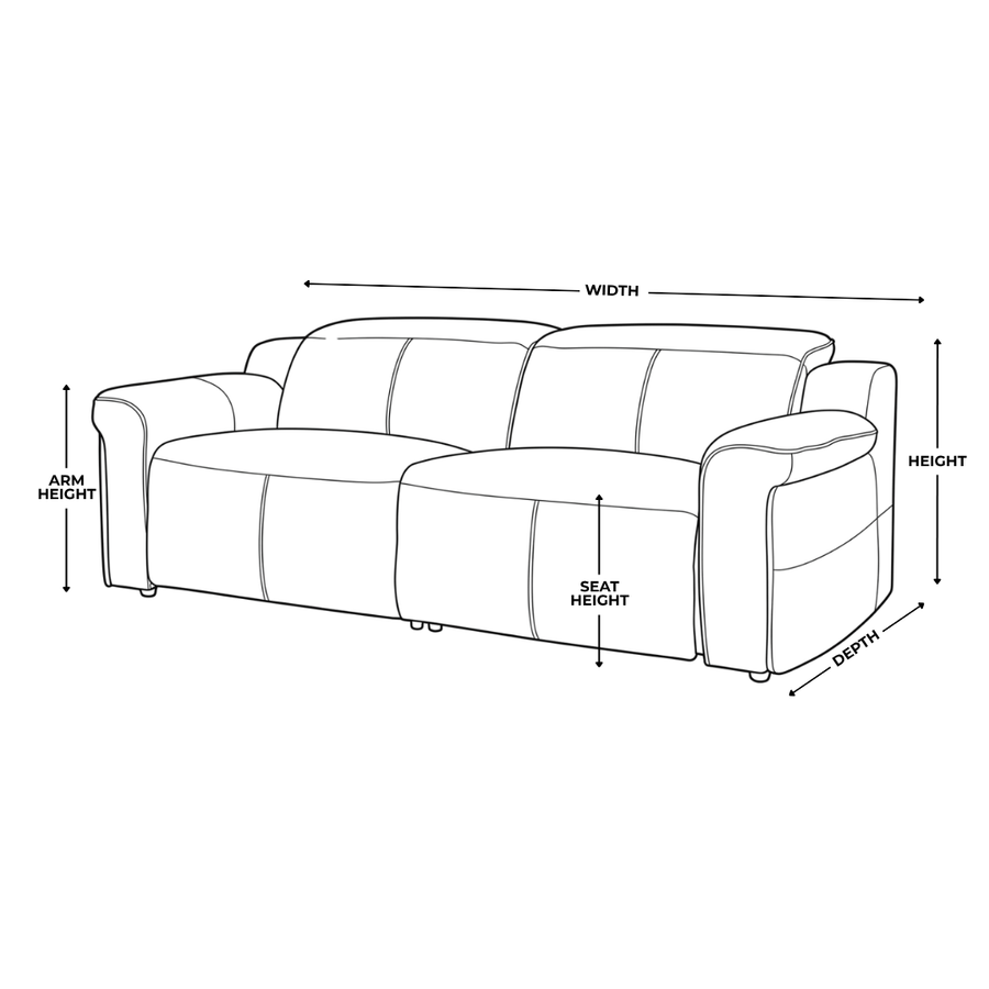 Dimension diagram for Empire 3 Seater Fabric Sofa w/ Power Recliner & Power Headrests