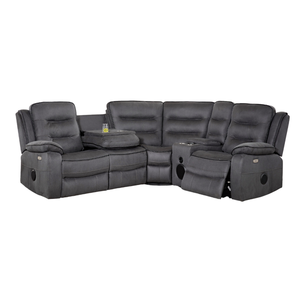 Florence modular corner power recliner in dark grey with drop-down tray, console and right seat reclined