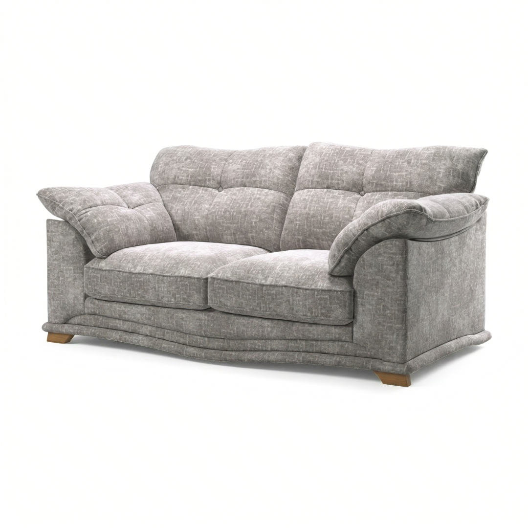 Nicolina range 2 seater sofa in grey textured chenille with pillow arms and wooden feet, angled view on white