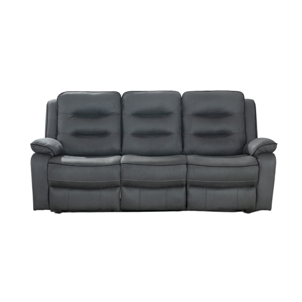 Florence 3 seater recliner sofa in dark grey tech fabric with stitched back cushions, front studio view