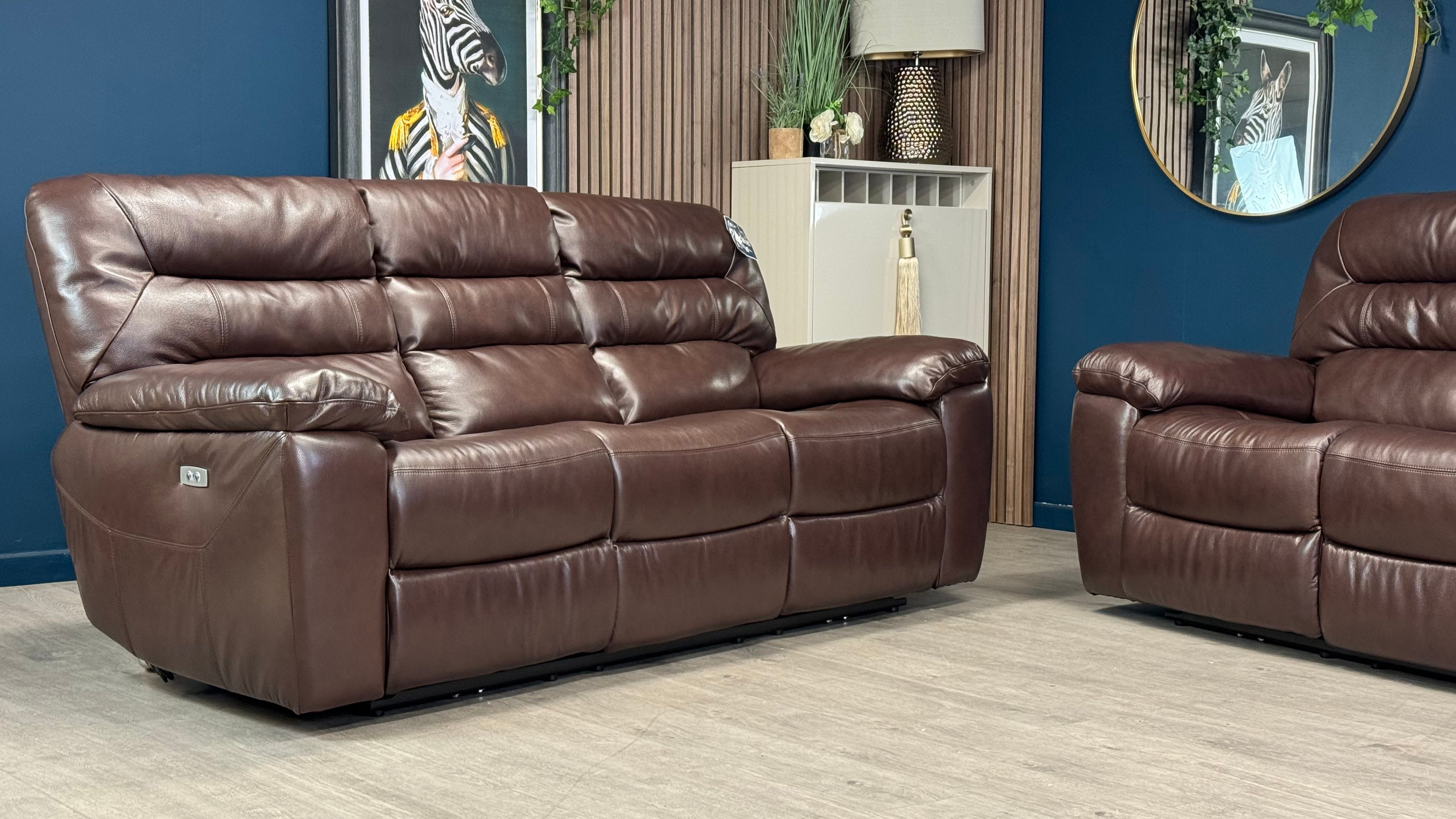 Hastings Two x 3 Seater Brown Leather Power Recliner Sofas