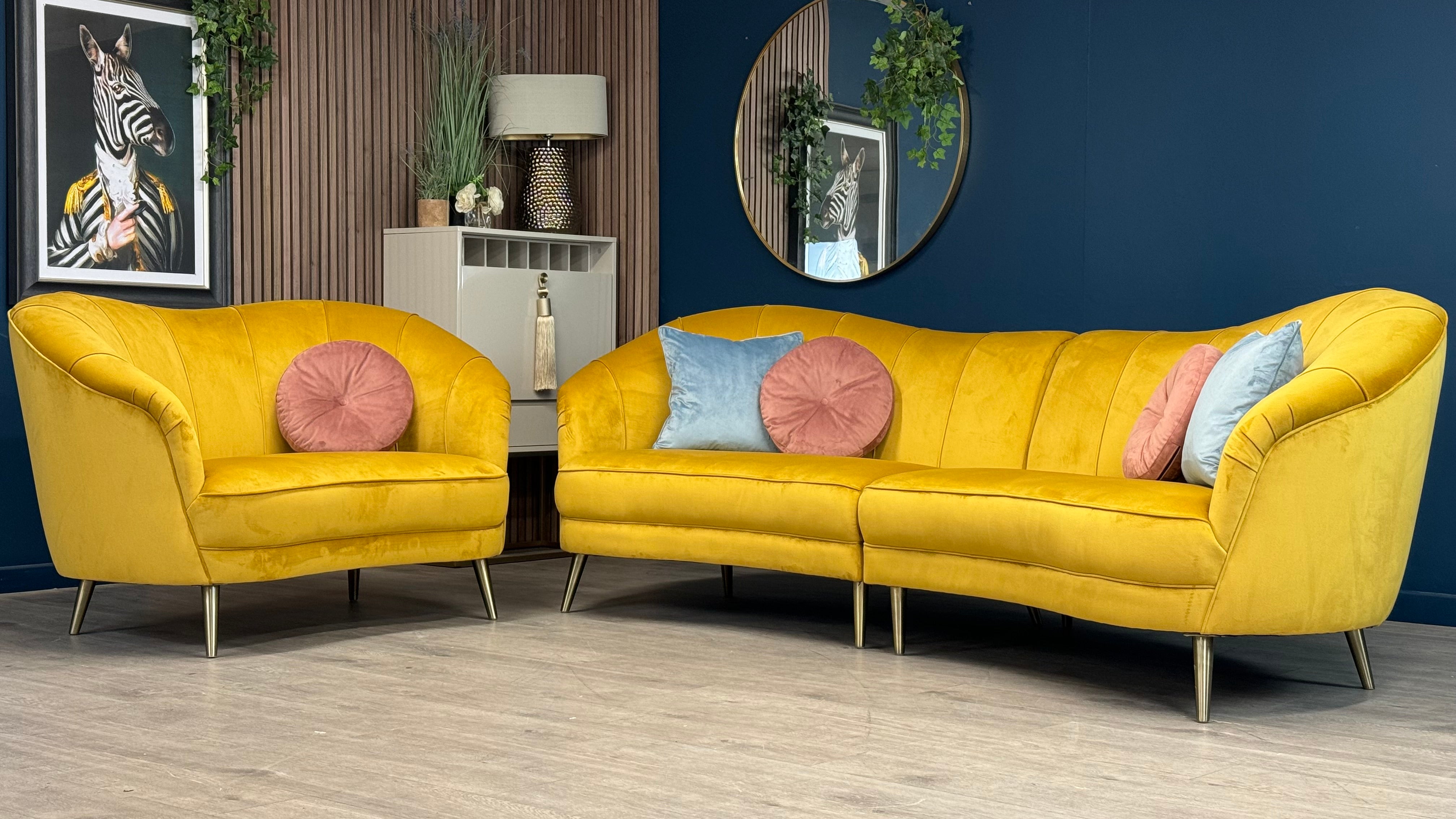 Perle 4 Seater Sofa & Loveseat Chair Turmeric Yellow Velvet