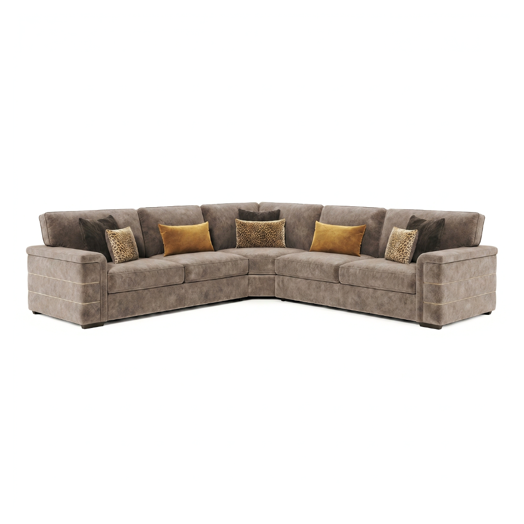 Duke range large corner sofa in mink fabric with mustard and leopard-print cushions and banded arm detail