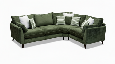 Dark green fabric Penny 2 Corner 1 Sofa with multiple white and striped pillows on wooden legs