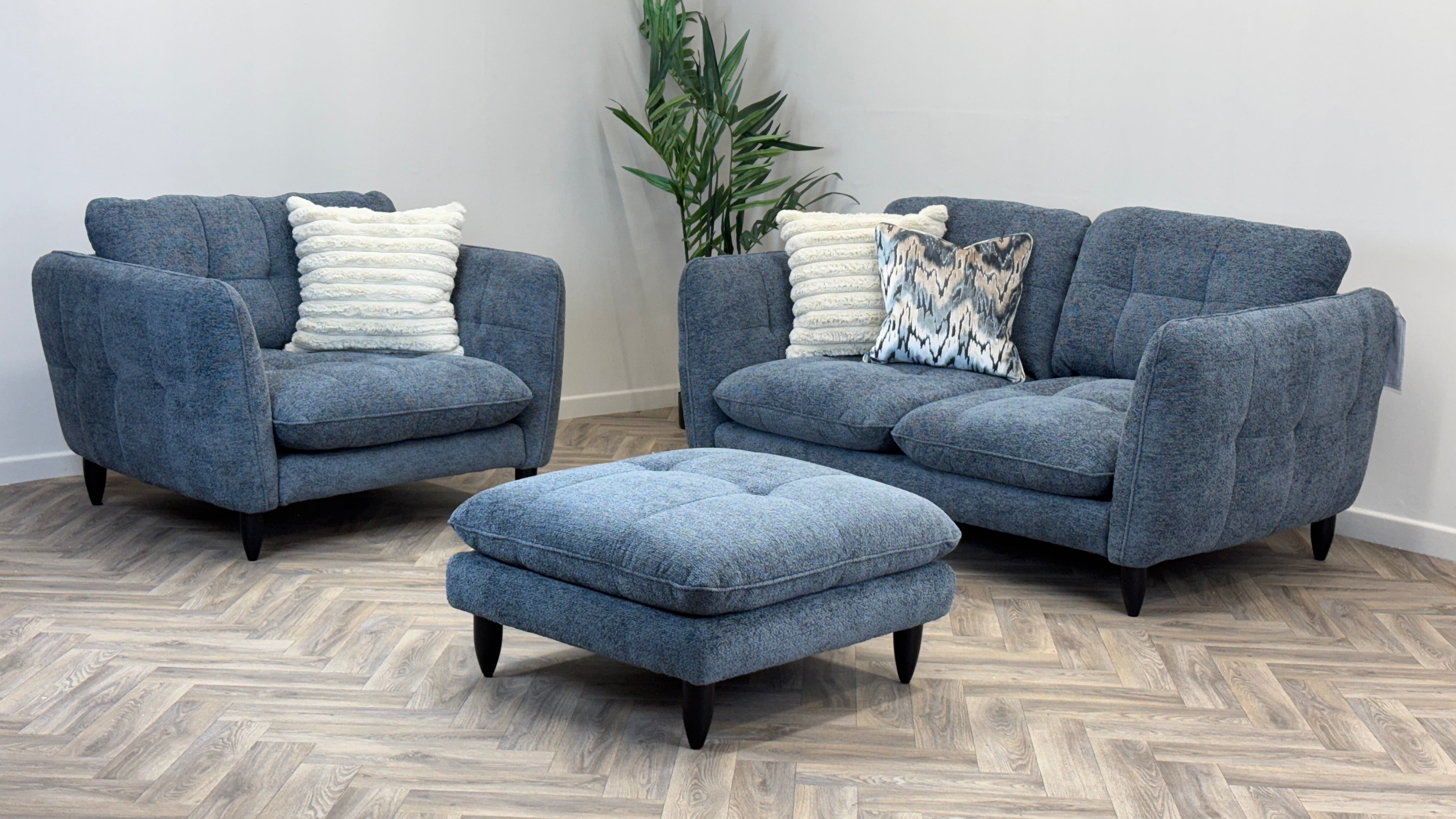 Jackie 2 Seater Sofa, Loveseat Chair & Footstool Blue Fabric