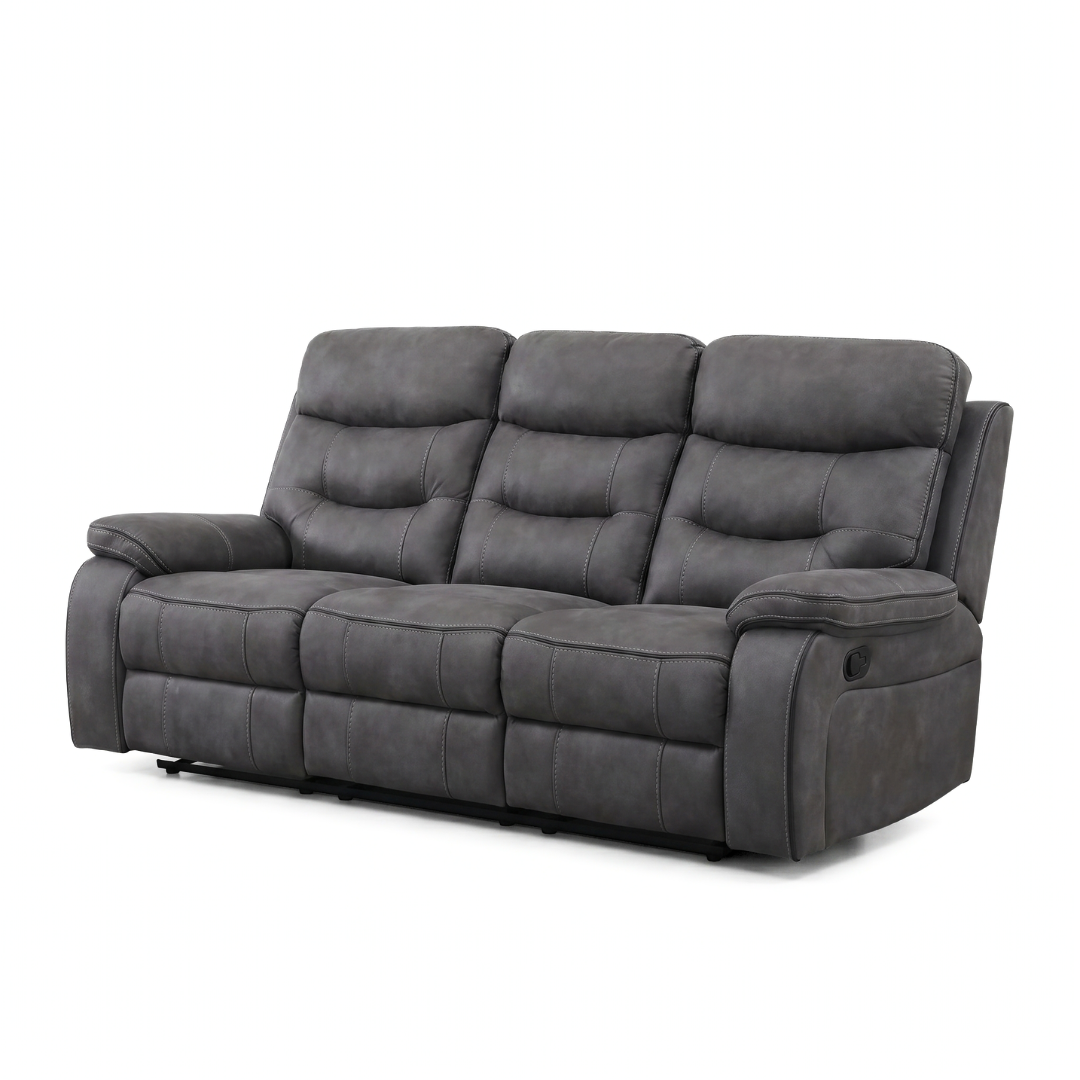 Warwick 3 seater recliner sofa in grey suede-effect fabric, angled front view on a white background