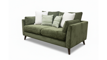 Modern green two-seater fabric sofa with wooden legs and multiple white and striped cushions