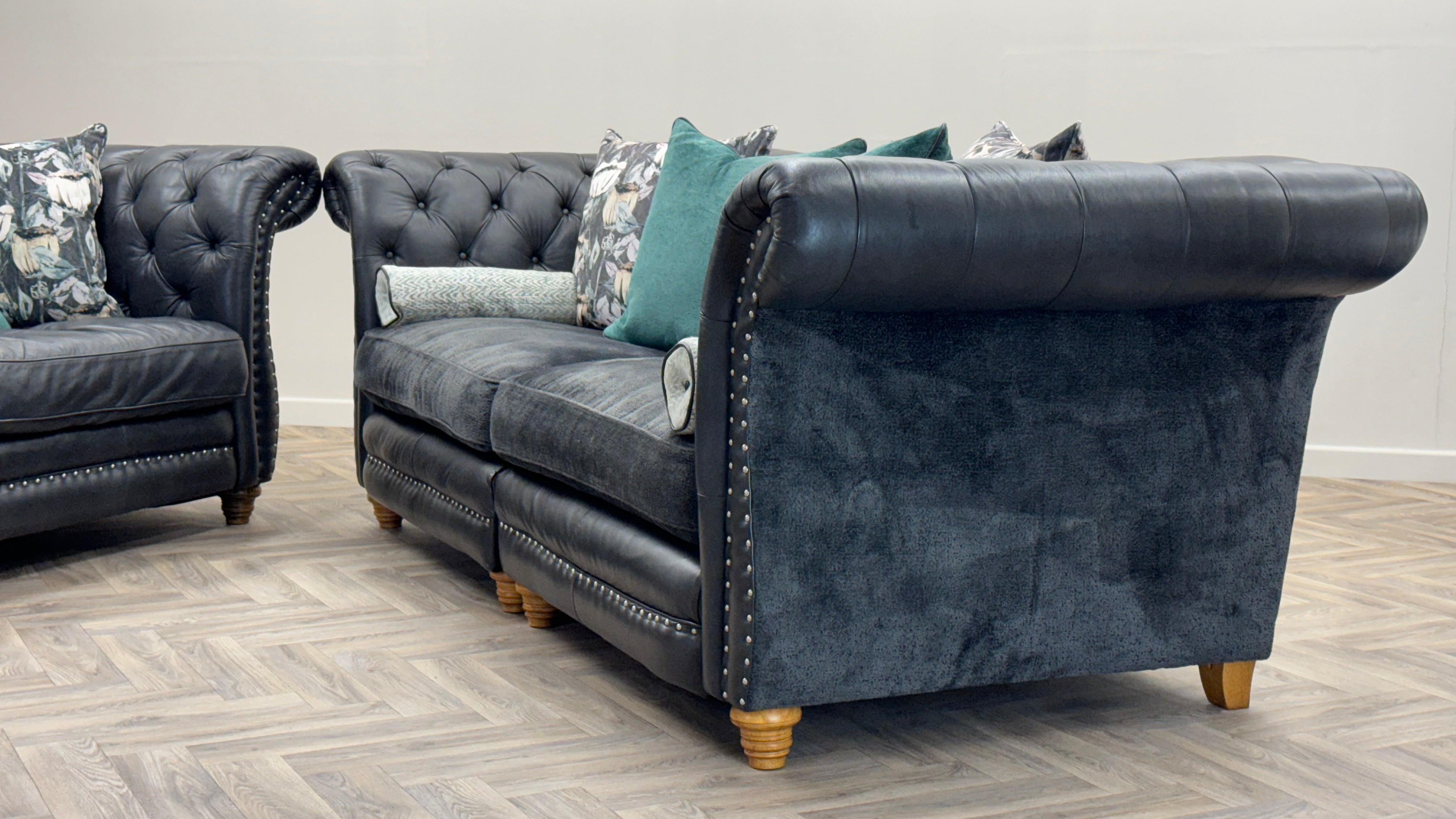 Sofology Persia 4 & 3 Seater Chesterfield Sofa Charcoal Leather Fabric Mix