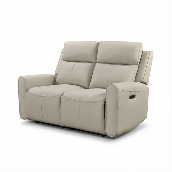 Archer 2 seater power recliner sofa in light grey leather with arm control buttons, angled studio view