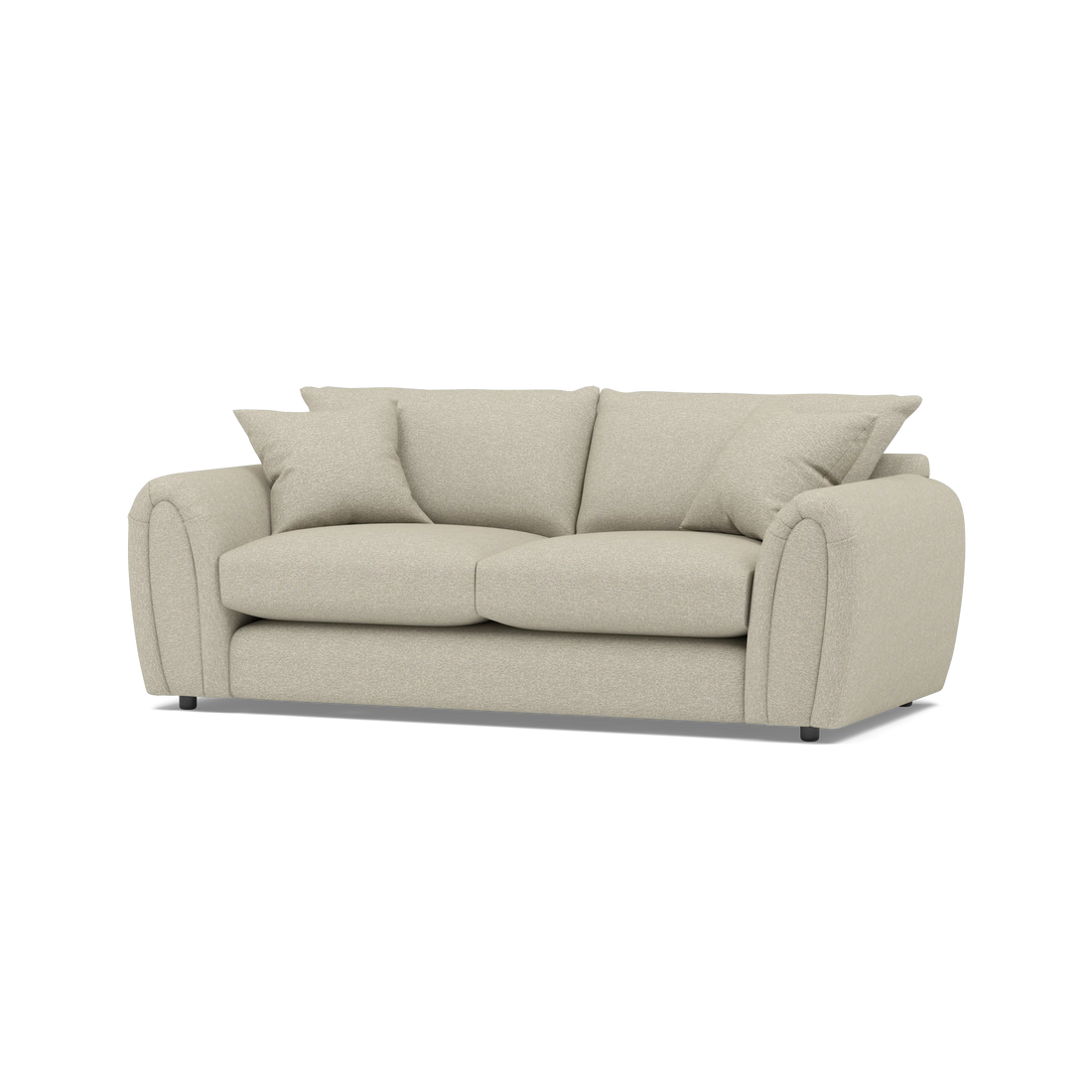 Archie 3 seater fabric sofa in oatmeal flecked fabric with rounded arms, angled studio view